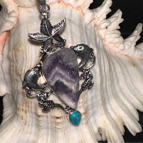 Chevron Amethyst +  Santa Rosa Turquoise + Starfish + Dolphin statement Pendant - Picture 4 of 8